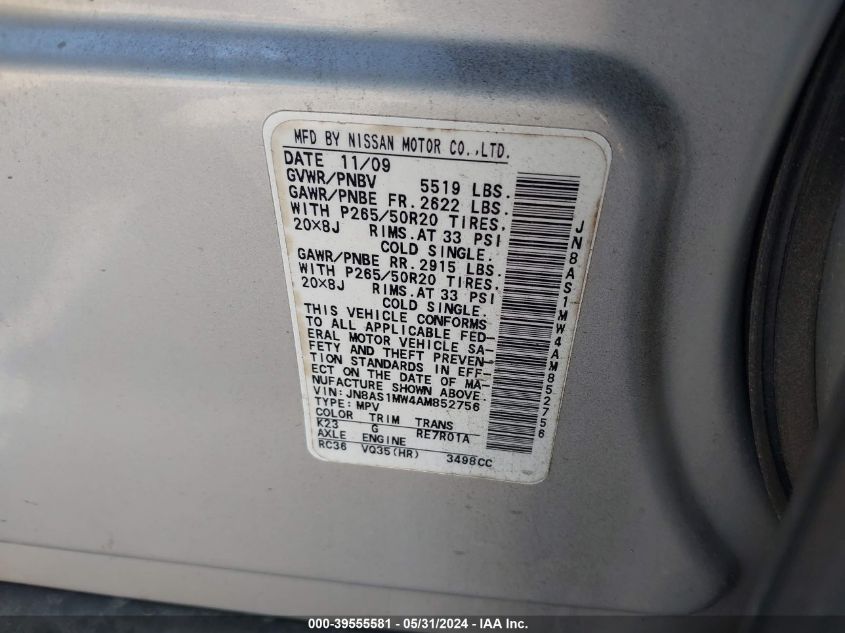 2010 Infiniti Fx35 VIN: JN8AS1MW4AM852756 Lot: 39555581