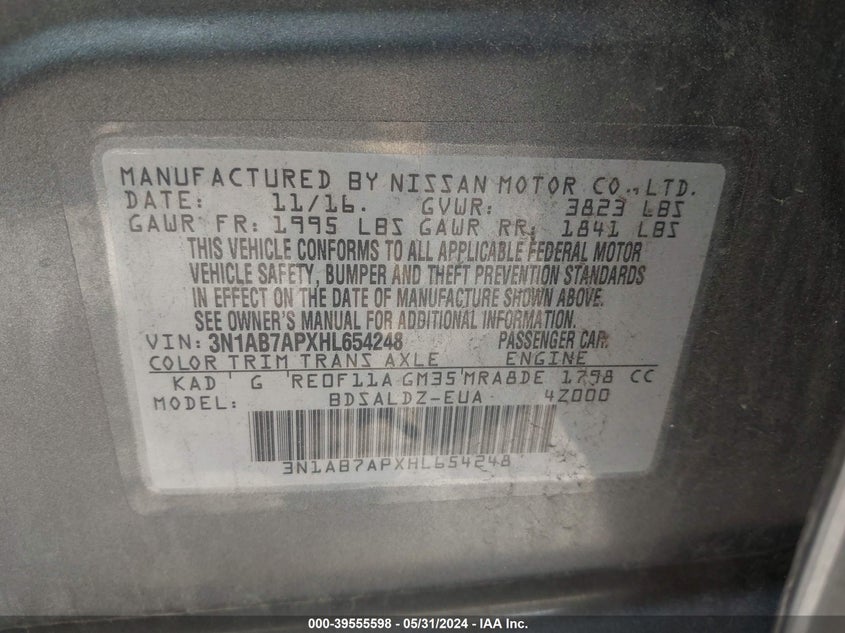 2017 Nissan Sentra Sv VIN: 3N1AB7APXHL654248 Lot: 39555598