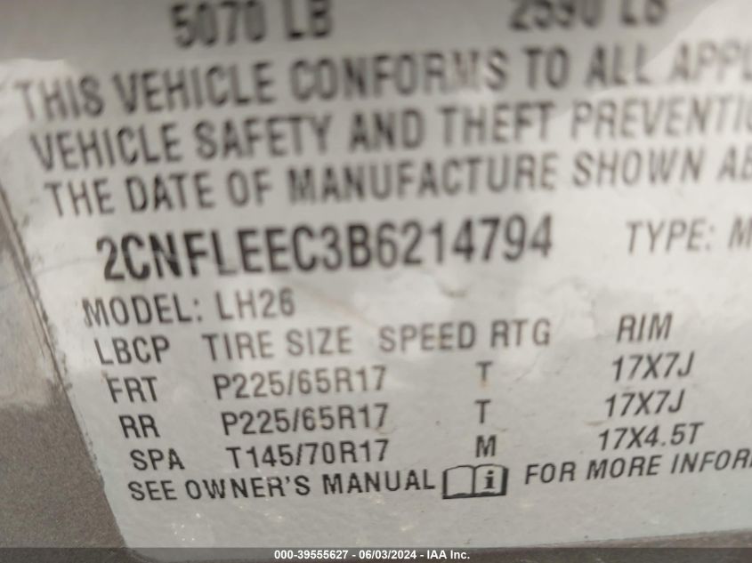 2011 Chevrolet Equinox 1Lt VIN: 2CNFLEEC3B6214794 Lot: 39555627