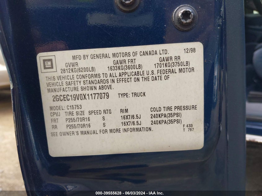 1999 Chevrolet Silverado 1500 Ls VIN: 2GCEC19V0X1177079 Lot: 39555628