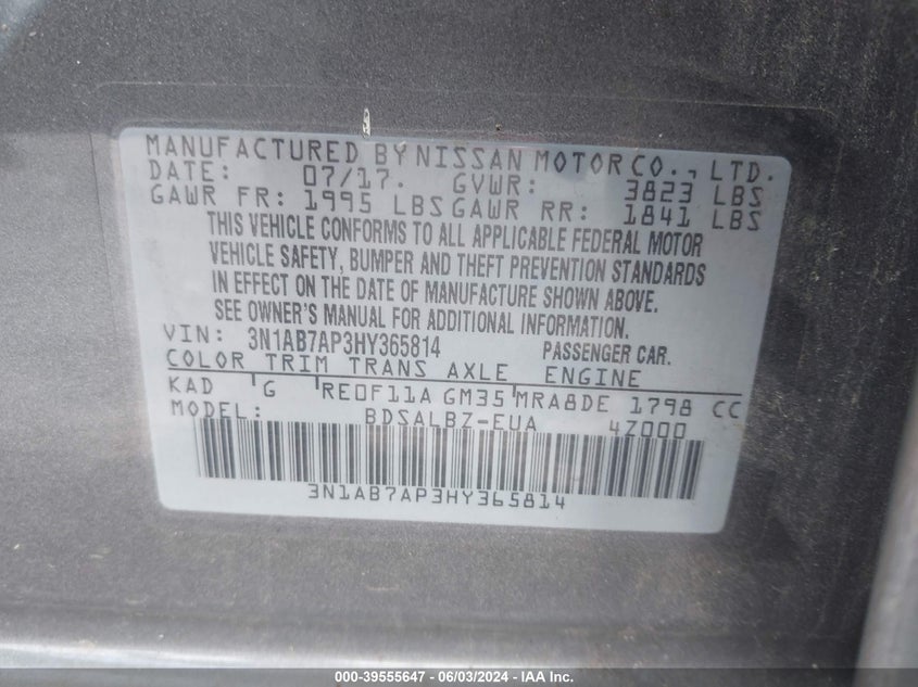 2017 Nissan Sentra S VIN: 3N1AB7AP3HY365814 Lot: 39555647