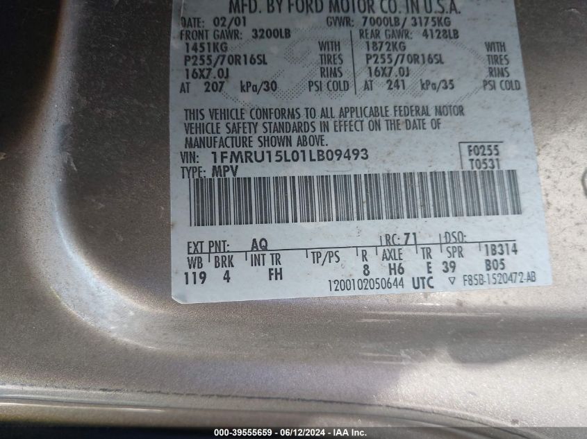 2001 Ford Expedition Xlt VIN: 1FMRU15L01LB09493 Lot: 39555659