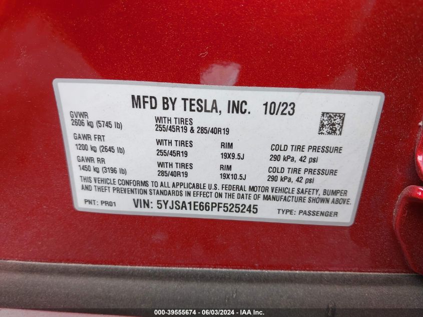 2023 Tesla Model S VIN: 5YJSA1E66PF525245 Lot: 39555674