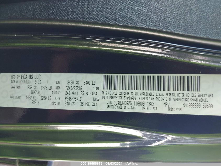 2016 Jeep Wrangler Unlimited Sport VIN: 1C4BJWDG2GL116809 Lot: 39555675