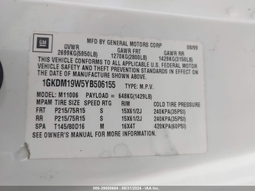 2000 GMC Safari Sl VIN: 1GKDM19W5YB506155 Lot: 39555684