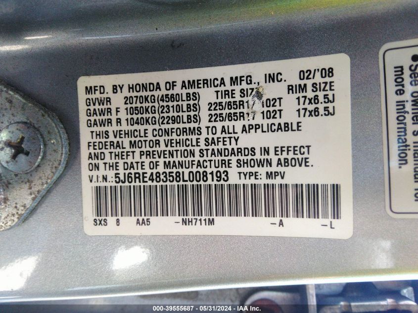 2008 Honda Cr-V Lx VIN: 5J6RE48358L008193 Lot: 39555687
