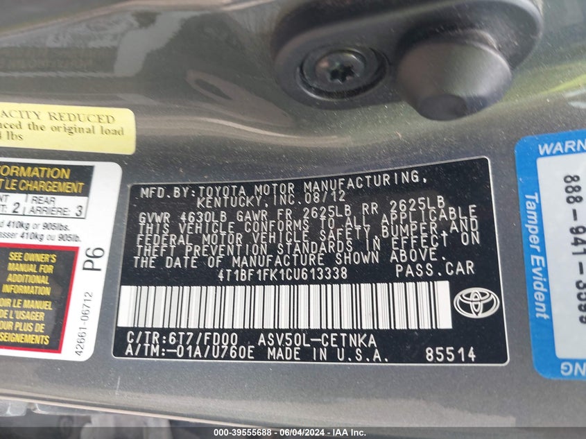 2012 Toyota Camry Le VIN: 4T1BF1FK1CU613338 Lot: 39555688