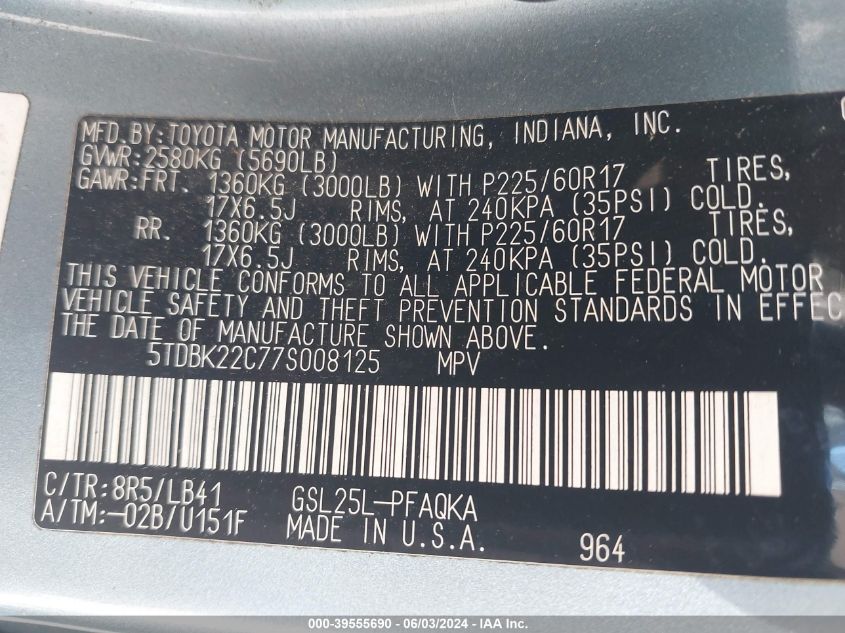 2007 Toyota Sienna Xle VIN: 5TDBK22C77S008125 Lot: 39555690