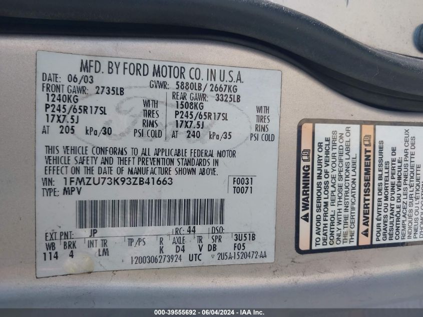 2003 Ford Explorer Nbx/Xlt VIN: 1FMZU73K93ZB41663 Lot: 39555692