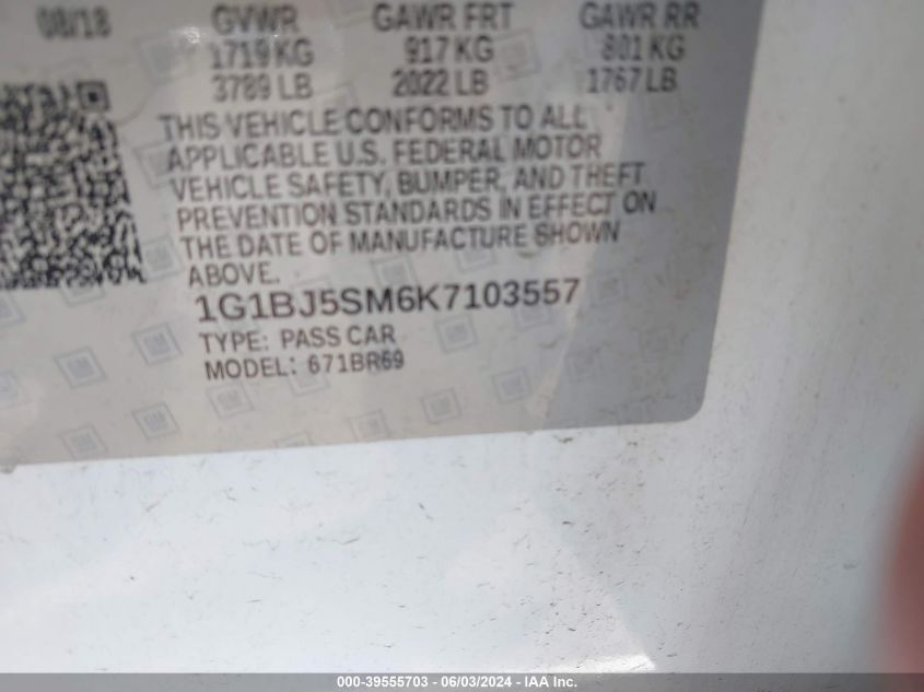 2019 Chevrolet Cruze Cvt (Fleet Orders Only) VIN: 1G1BJ5SM6K7103557 Lot: 39555703