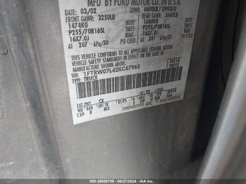 2002 Ford F-150 Lariat/Xlt VIN: 1FTRW07L42KC67963 Lot: 39555709