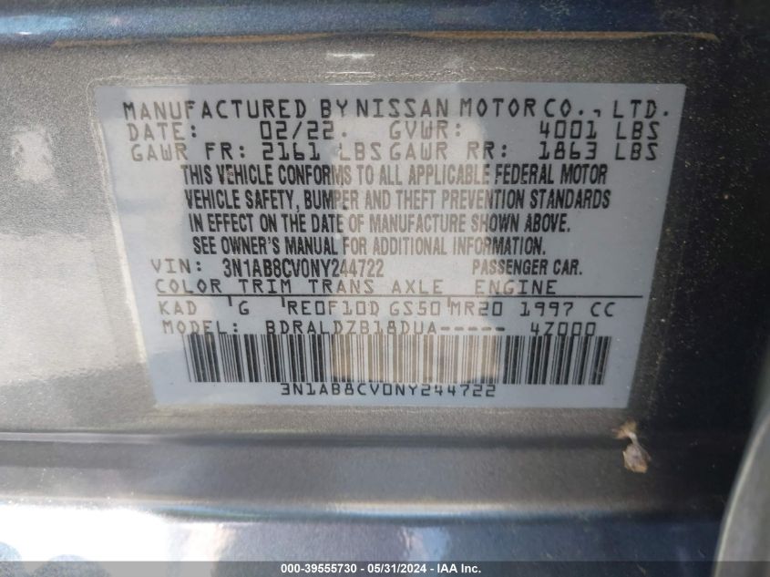 2022 Nissan Sentra Sv Xtronic Cvt VIN: 3N1AB8CV0NY244722 Lot: 39555730