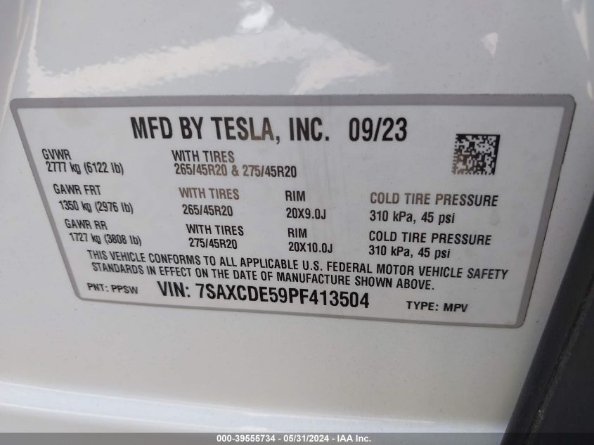 2023 Tesla Model X VIN: 7SAXCDE59PF413504 Lot: 39555734