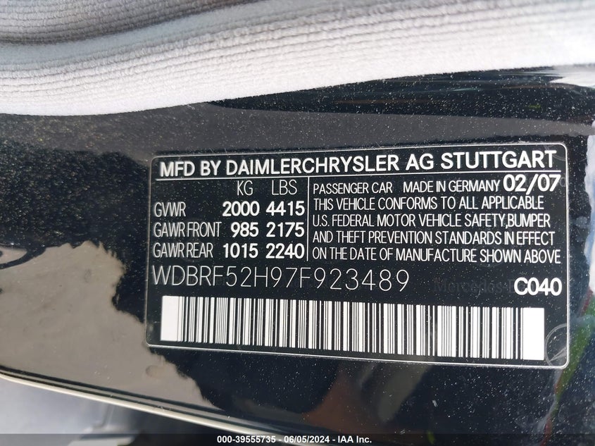 2007 Mercedes-Benz C 230 Sport VIN: WDBRF52H97F923489 Lot: 39555735
