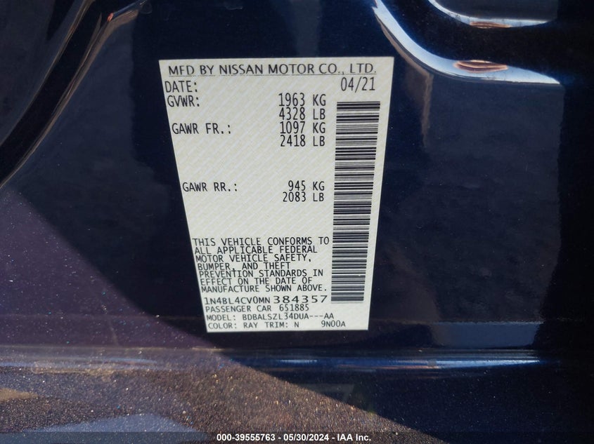 2021 NISSAN ALTIMA SR FWD - 1N4BL4CV0MN384357