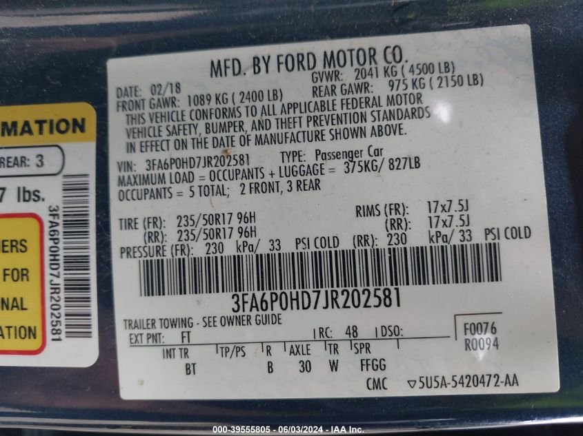 2018 FORD FUSION SE - 3FA6P0HD7JR202581