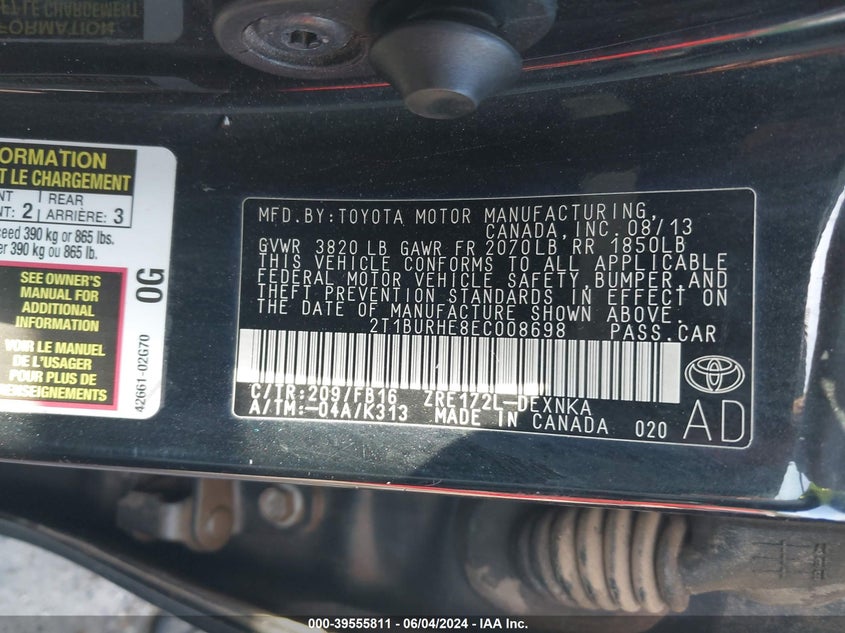 2014 Toyota Corolla Le VIN: 2T1BURHE8EC008698 Lot: 39555811