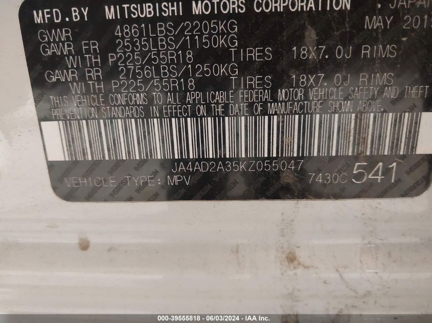 2019 Mitsubishi Outlander Es VIN: JA4AD2A35KZ055047 Lot: 39555818