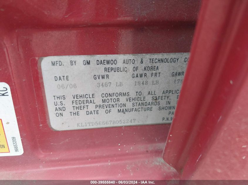 2007 Chevrolet Aveo Ls VIN: KL1TD56667B052247 Lot: 39555840