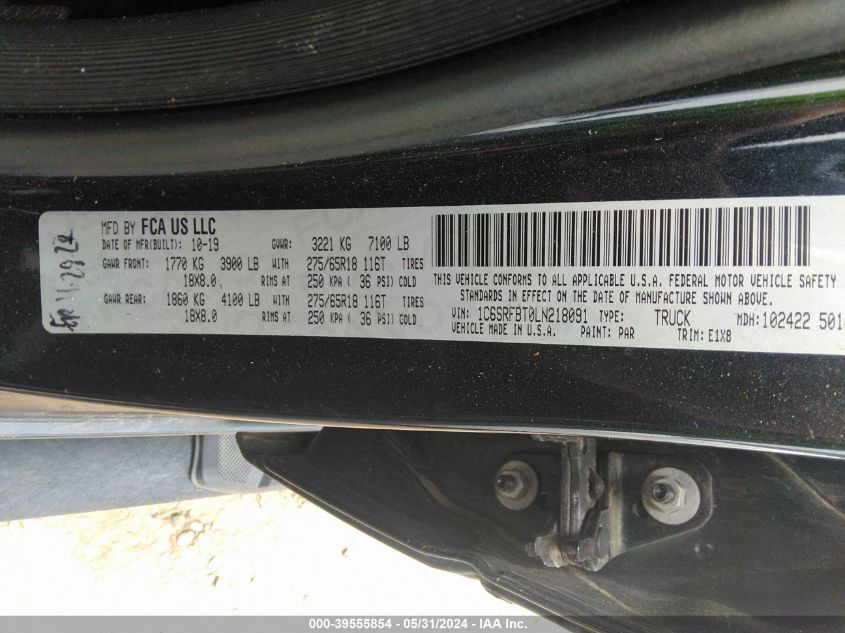 2020 Ram 1500 Big Horn Quad Cab 4X4 6'4 Box VIN: 1C6SRFBT0LN218091 Lot: 39555854