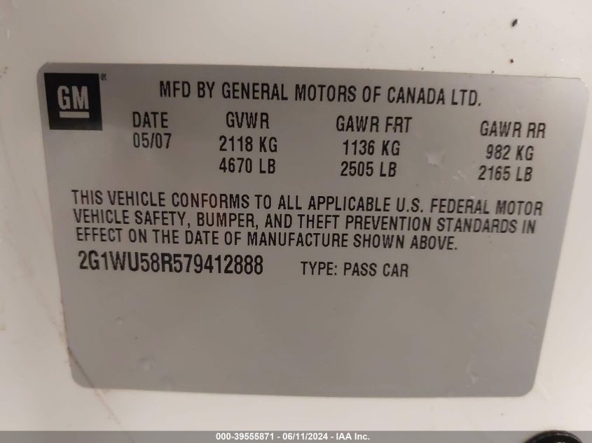 2007 Chevrolet Impala Ltz VIN: 2G1WU58R579412888 Lot: 39555871