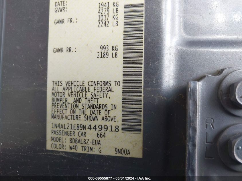 2009 Nissan Altima 2.5 S VIN: 1N4AL21E89N449918 Lot: 39555877