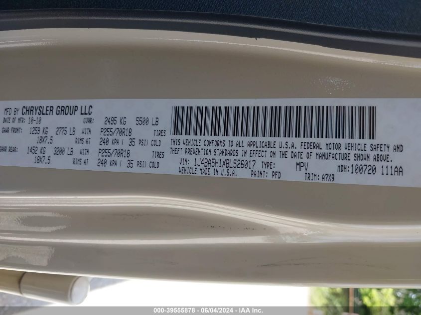 2011 Jeep Wrangler Unlimited Sahara VIN: 1J4BA5H1XBL526017 Lot: 39555878