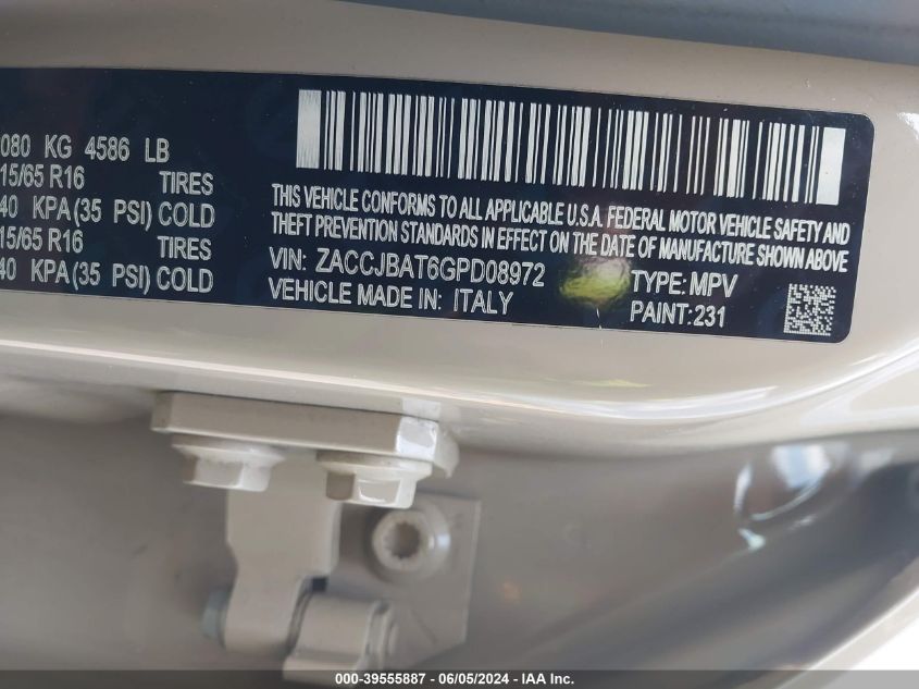 2016 Jeep Renegade Sport VIN: ZACCJBAT6GPD08972 Lot: 39555887