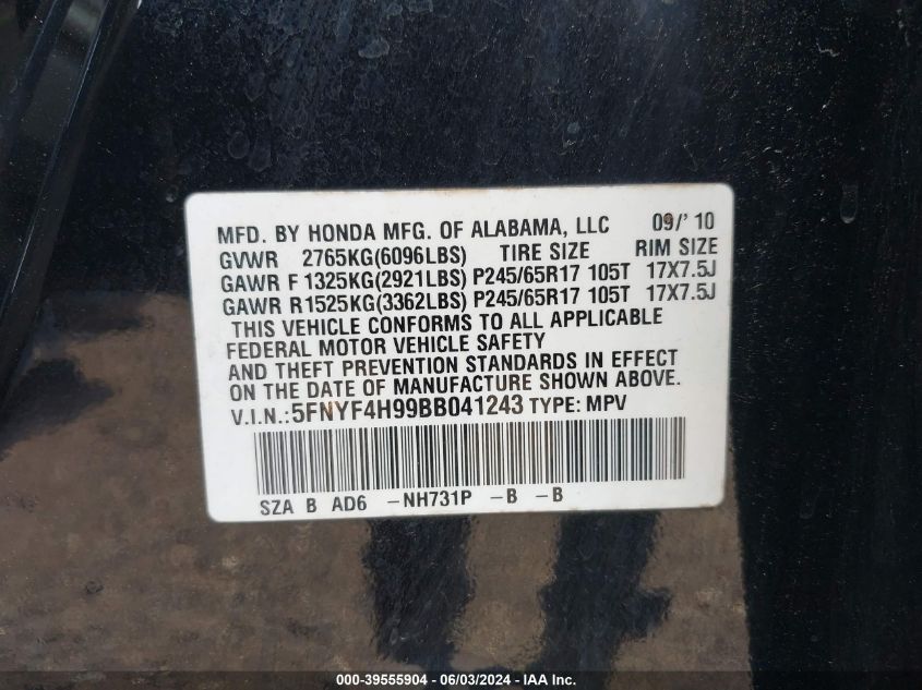 2011 Honda Pilot Touring VIN: 5FNYF4H99BB041243 Lot: 39555904