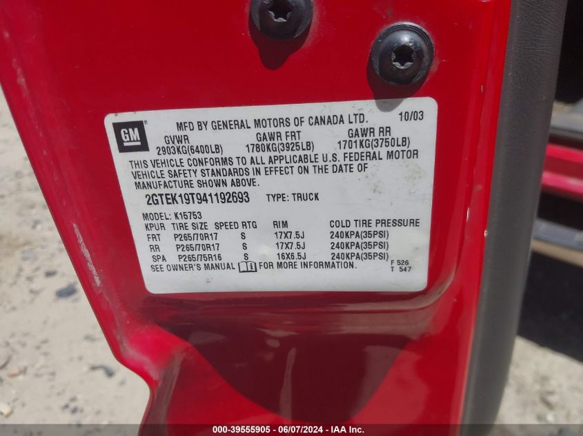 2004 GMC Sierra 1500 Sle VIN: 2GTEK19T941192693 Lot: 39555905