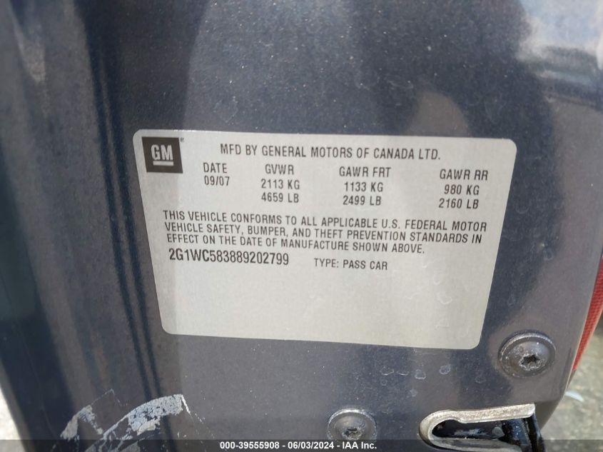 2008 Chevrolet Impala Lt VIN: 2G1WC583889202799 Lot: 39555908