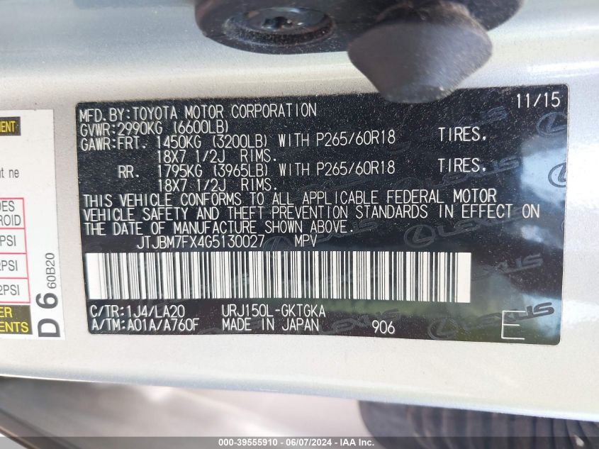 2016 Lexus 460 VIN: JTJBM7FX4G5130027 Lot: 39555910