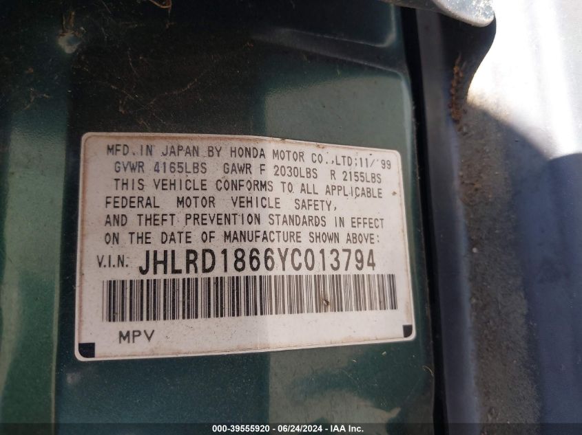 2000 Honda Cr-V VIN: JHLR01866YC013794 Lot: 39555920
