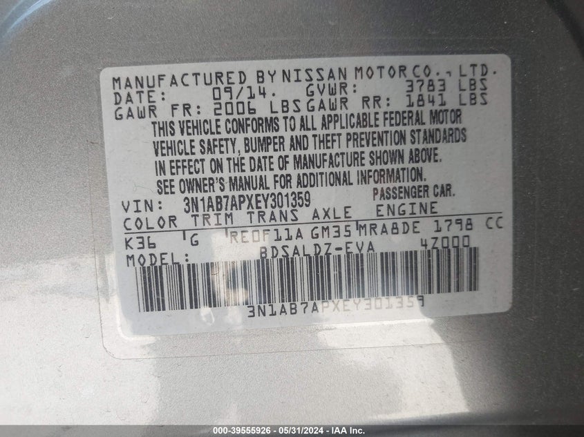 2014 Nissan Sentra Sv VIN: 3N1AB7APXEY301359 Lot: 39555926