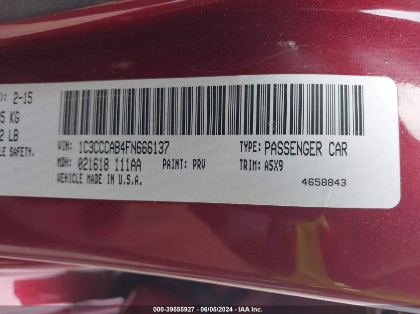 2015 Chrysler 200 Limited VIN: 1C3CCCAB4FN666137 Lot: 39555927