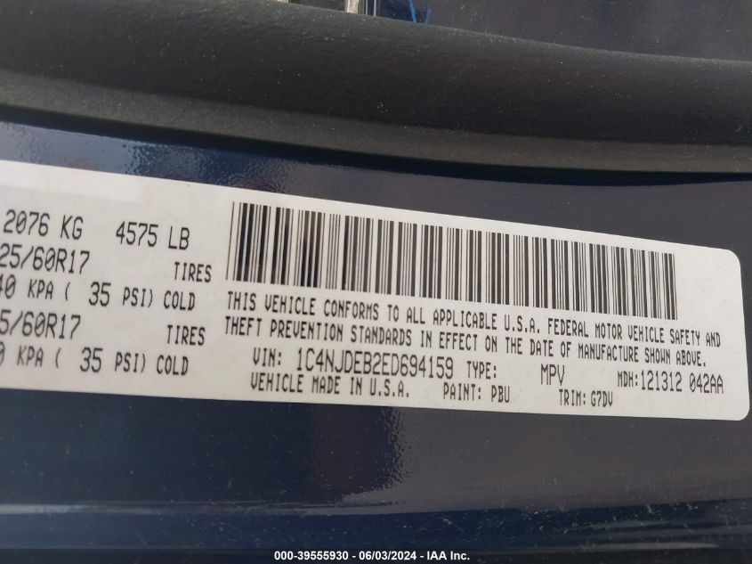 2014 Jeep Compass Latitude VIN: 1C4NJDEB2ED694159 Lot: 39555930
