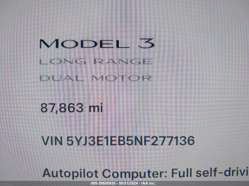 2022 Tesla Model 3 Long Range Dual Motor All-Wheel Drive VIN: 5YJ3E1EB5NF277136 Lot: 39555935