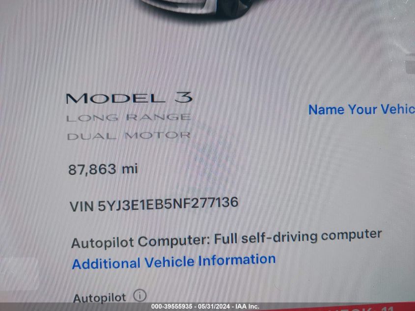 2022 Tesla Model 3 Long Range Dual Motor All-Wheel Drive VIN: 5YJ3E1EB5NF277136 Lot: 39555935