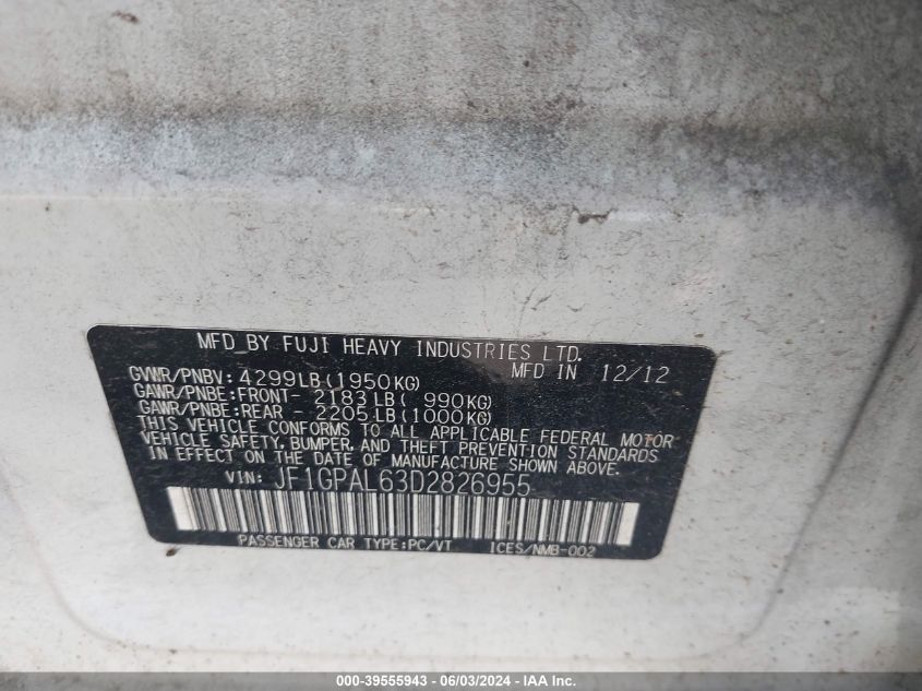 2013 Subaru Impreza 2.0I Sport Premium VIN: JF1GPAL63D2826955 Lot: 39555943