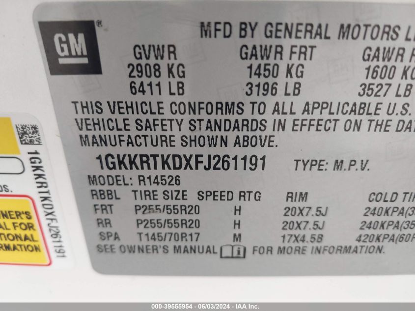 2015 GMC Acadia Denali VIN: 1GKKRTKDXFJ261191 Lot: 39555954