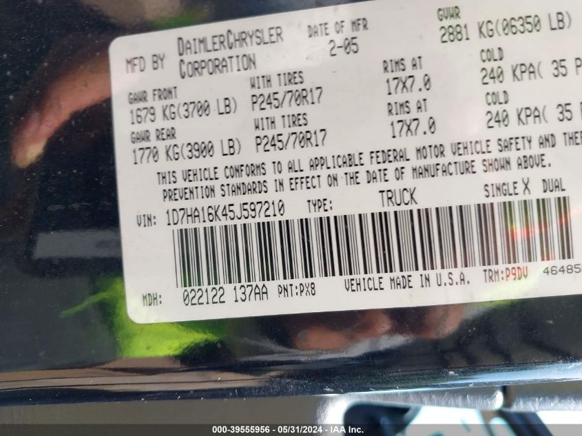 2005 Dodge Ram 1500 St VIN: 1D7HA16K45J597210 Lot: 39555956