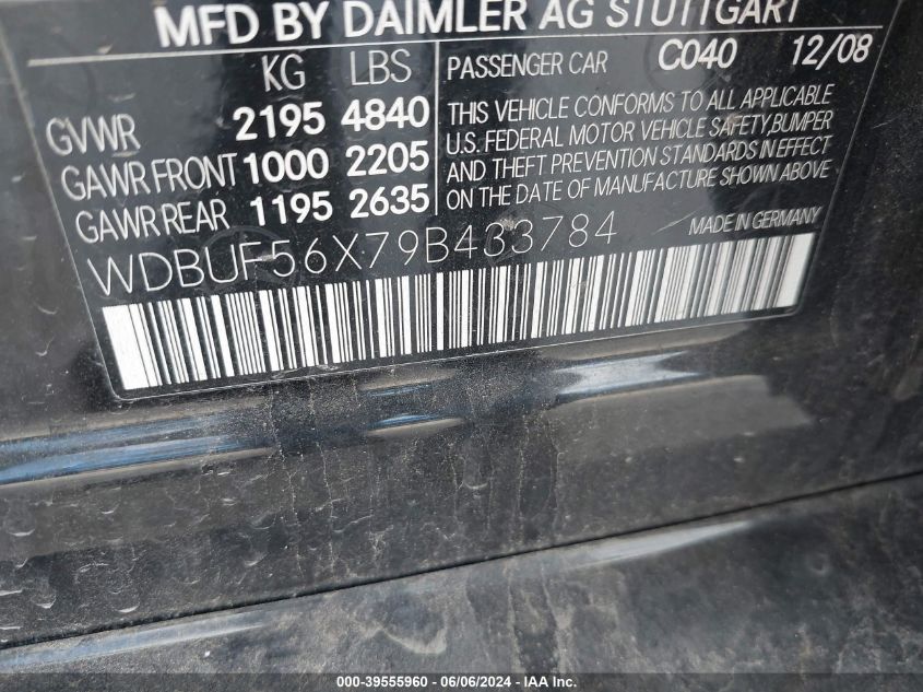2009 Mercedes-Benz E 350 VIN: WDBUF56X79B433784 Lot: 39555960