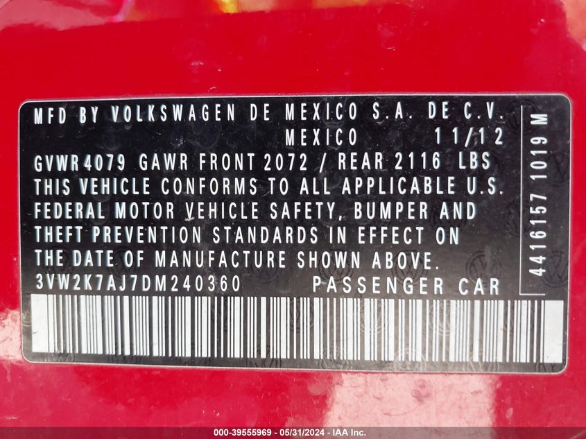 2013 Volkswagen Jetta 2.0L S VIN: 3VW2K7AJ7DM240360 Lot: 39555969