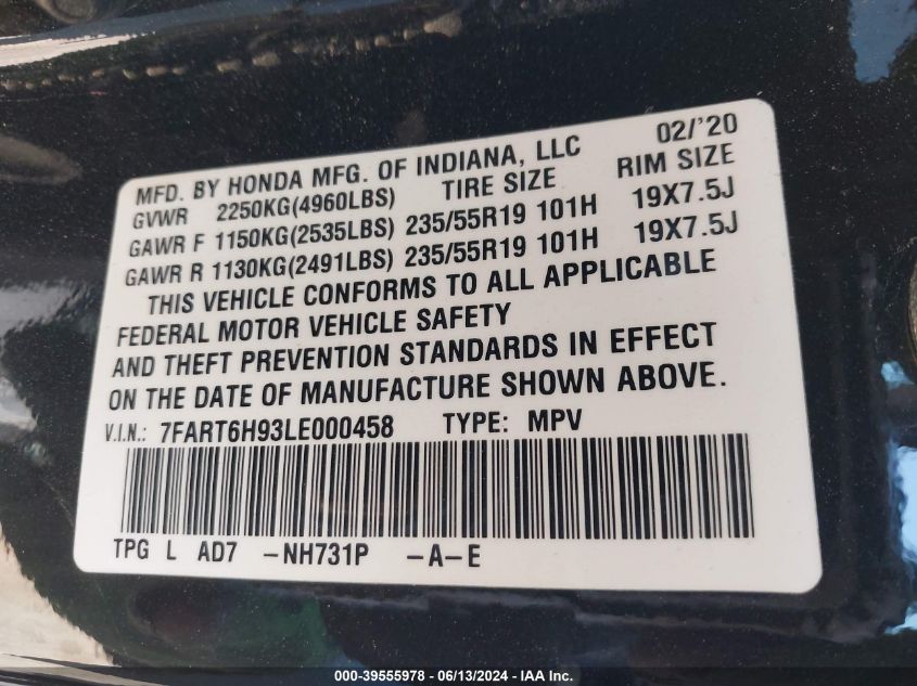 2020 Honda Cr-V Hybrid Touring VIN: 7F8RD6A93LE000458 Lot: 39555978