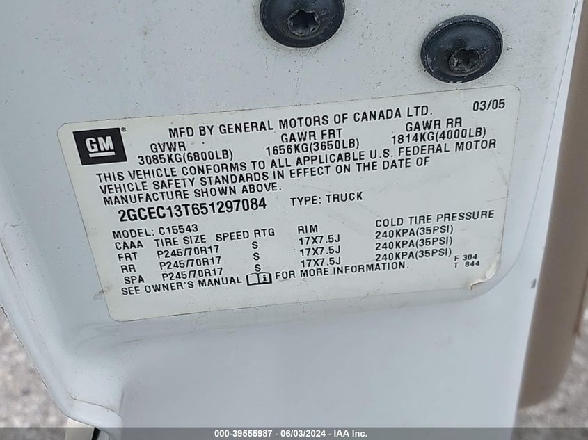 2005 Chevrolet Silverado 1500 Ls VIN: 2GCEC13T651297084 Lot: 39555987