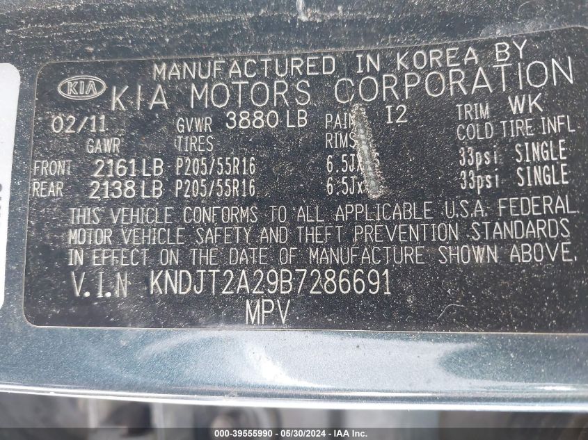 2011 Kia Soul + VIN: KNDJT2A29B7286691 Lot: 39555990