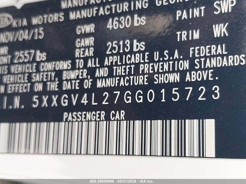 2016 Kia Optima Sxl Turbo VIN: 5XXGV4L27GG015723 Lot: 39555996