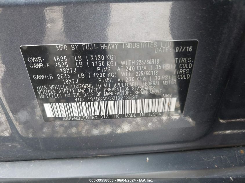 2017 Subaru Outback 2.5I Limited VIN: 4S4BSAKCXH3213897 Lot: 39556003