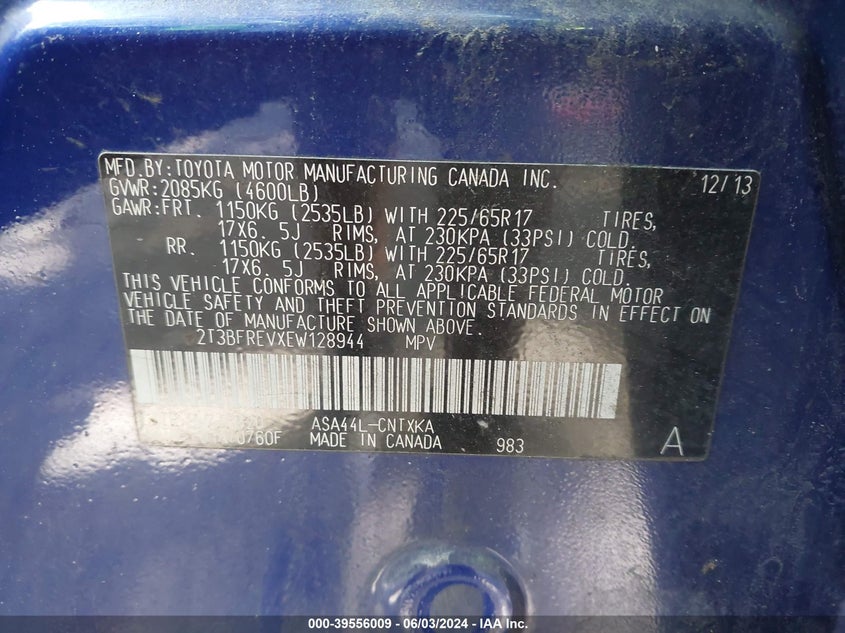 2014 TOYOTA RAV4 VIN: 2T3BFREVXEW128944
