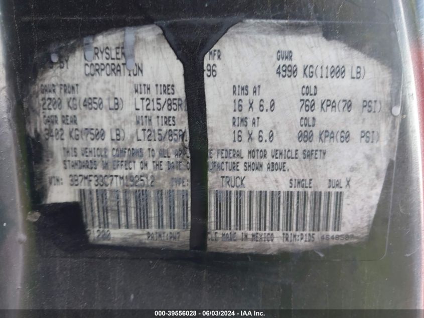 1996 Dodge Ram 3500 VIN: 3B7MF33C7TM192512 Lot: 39556028